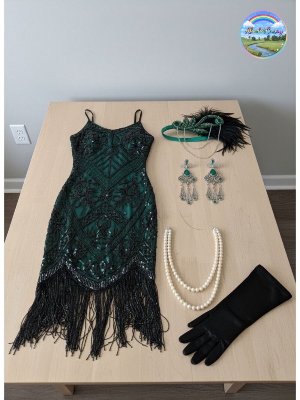Women's 1920s Flapper Sequin Fringe Cocktail Dress with Accessories Set